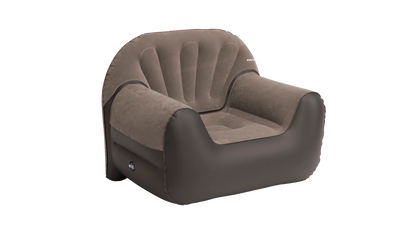 Brown inflatable armchair for camping and outdoor use, featuring comfortable backrest and armrests.
