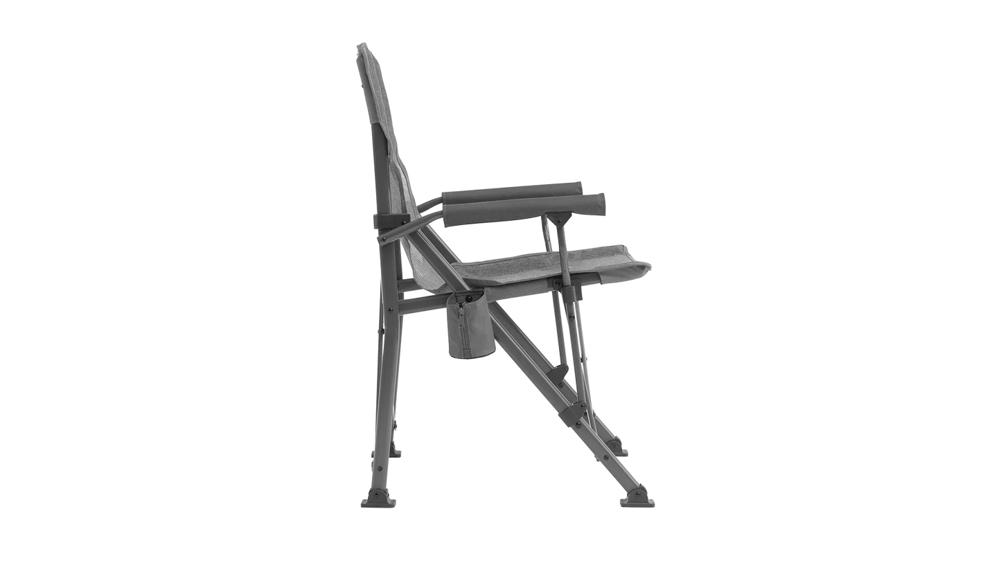Gray folding camping chair with armrests and side pocket for outdoor adventures