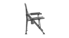 Gray folding camping chair with armrests and side pocket for outdoor adventures