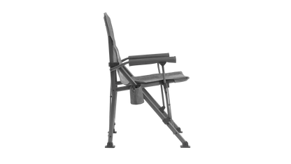 Gray folding camping chair with armrests and side pocket for outdoor adventures