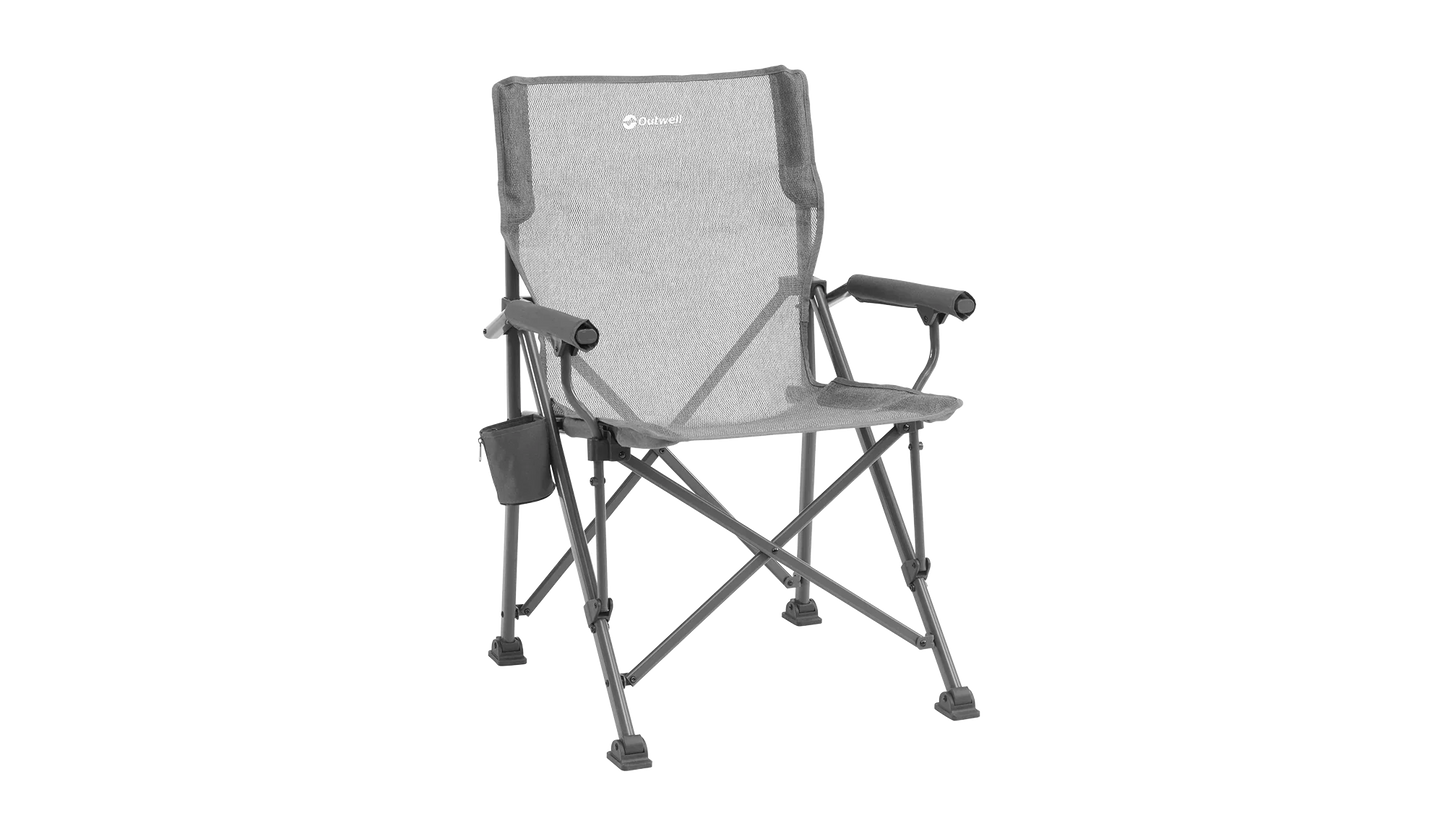 Gray Outwell camping chair with mesh back, armrests, and side cup holder for outdoor adventures.