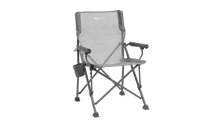 Gray Outwell camping chair with mesh back, armrests, and side cup holder for outdoor adventures.