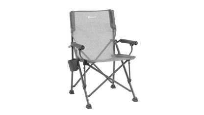 Gray Outwell camping chair with mesh back, armrests, and side cup holder for outdoor adventures.