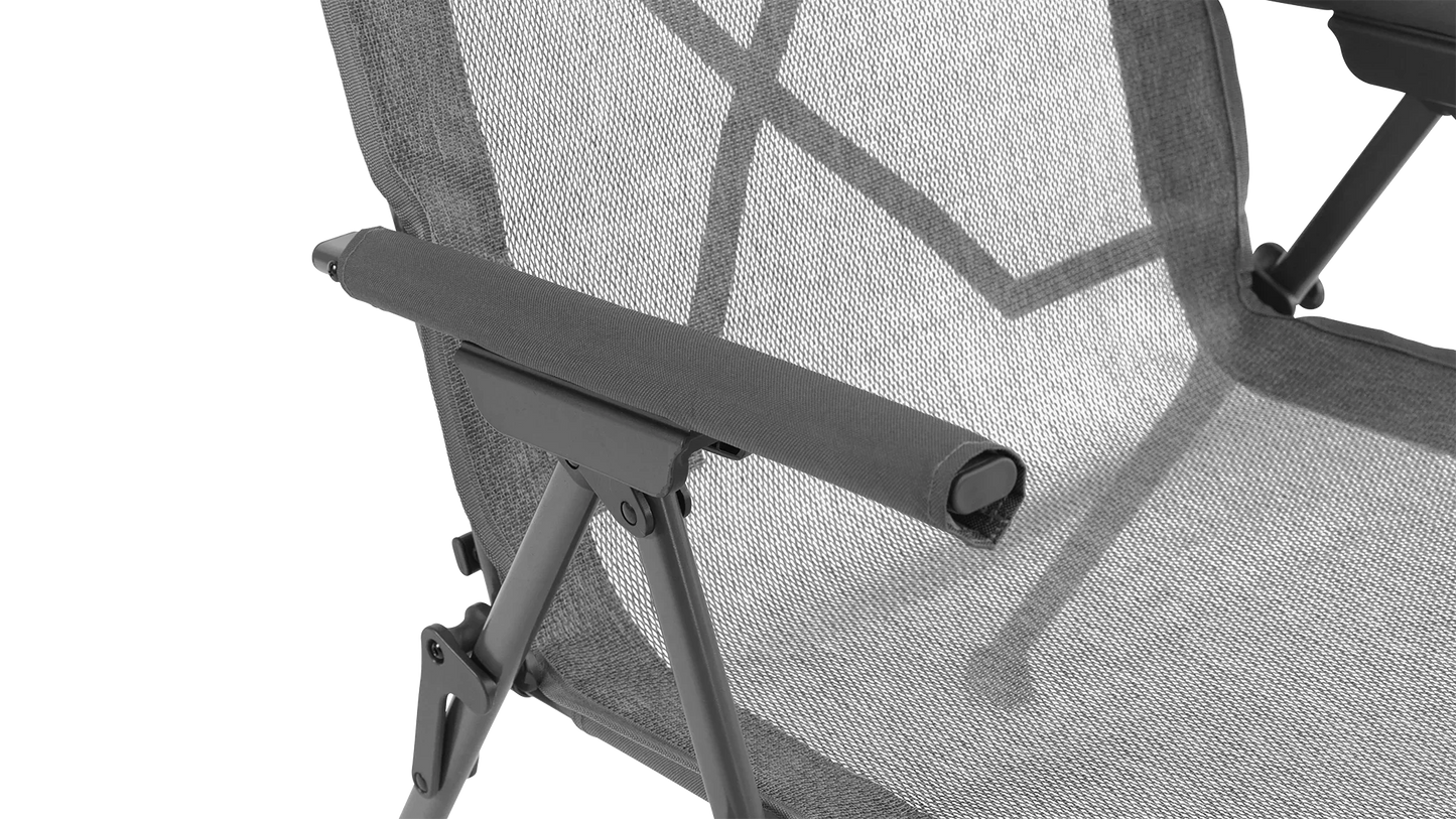 Grey mesh camping chair with padded armrests and sturdy frame for outdoor comfort