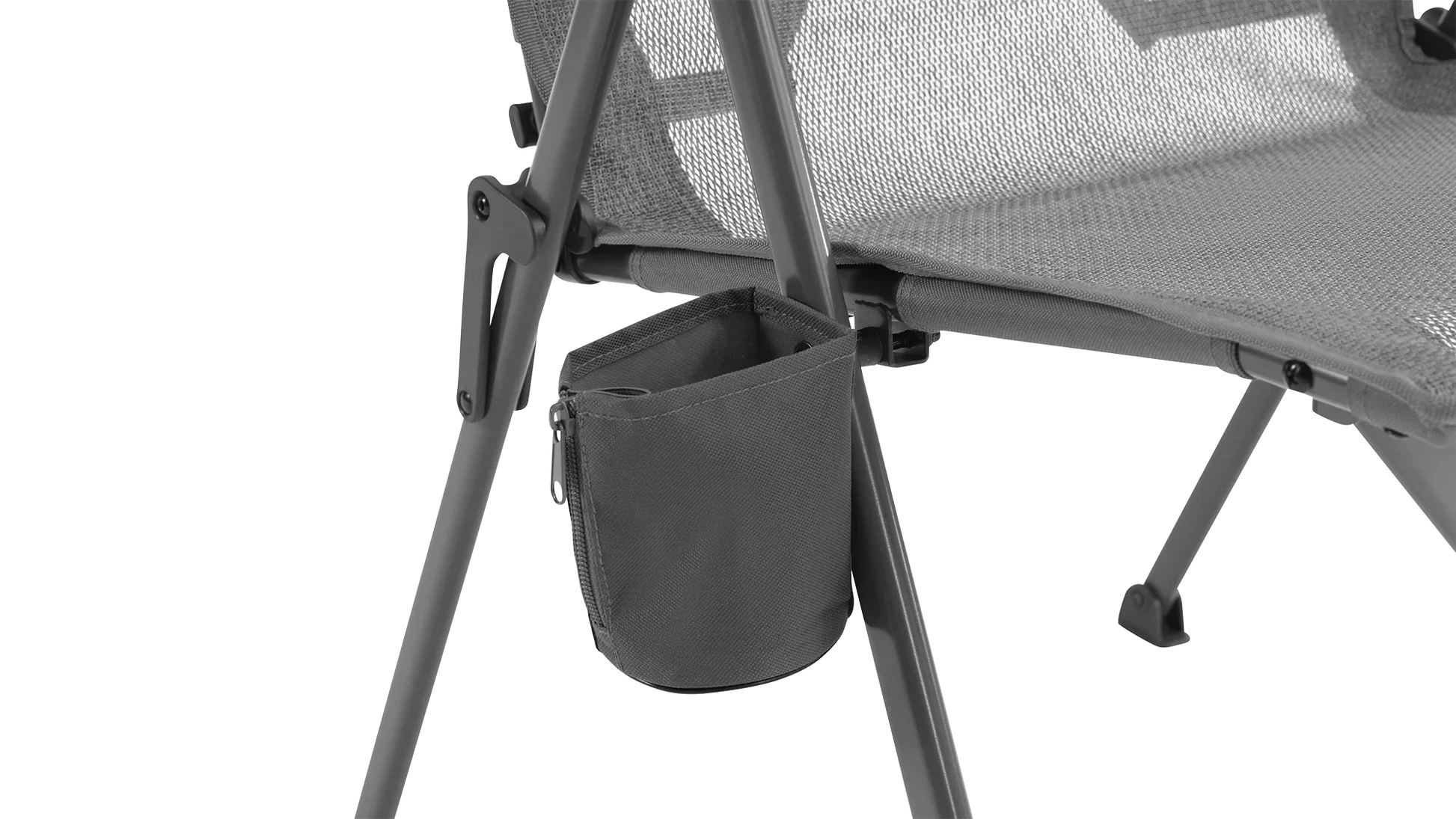 Grey folding camping chair with side storage pouch and mesh back, ideal for outdoor adventures.