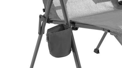 Grey folding camping chair with side storage pouch and mesh back, ideal for outdoor adventures.