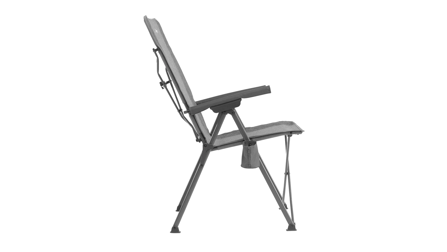 Grey folding camping chair with armrests and side pocket for outdoor adventures