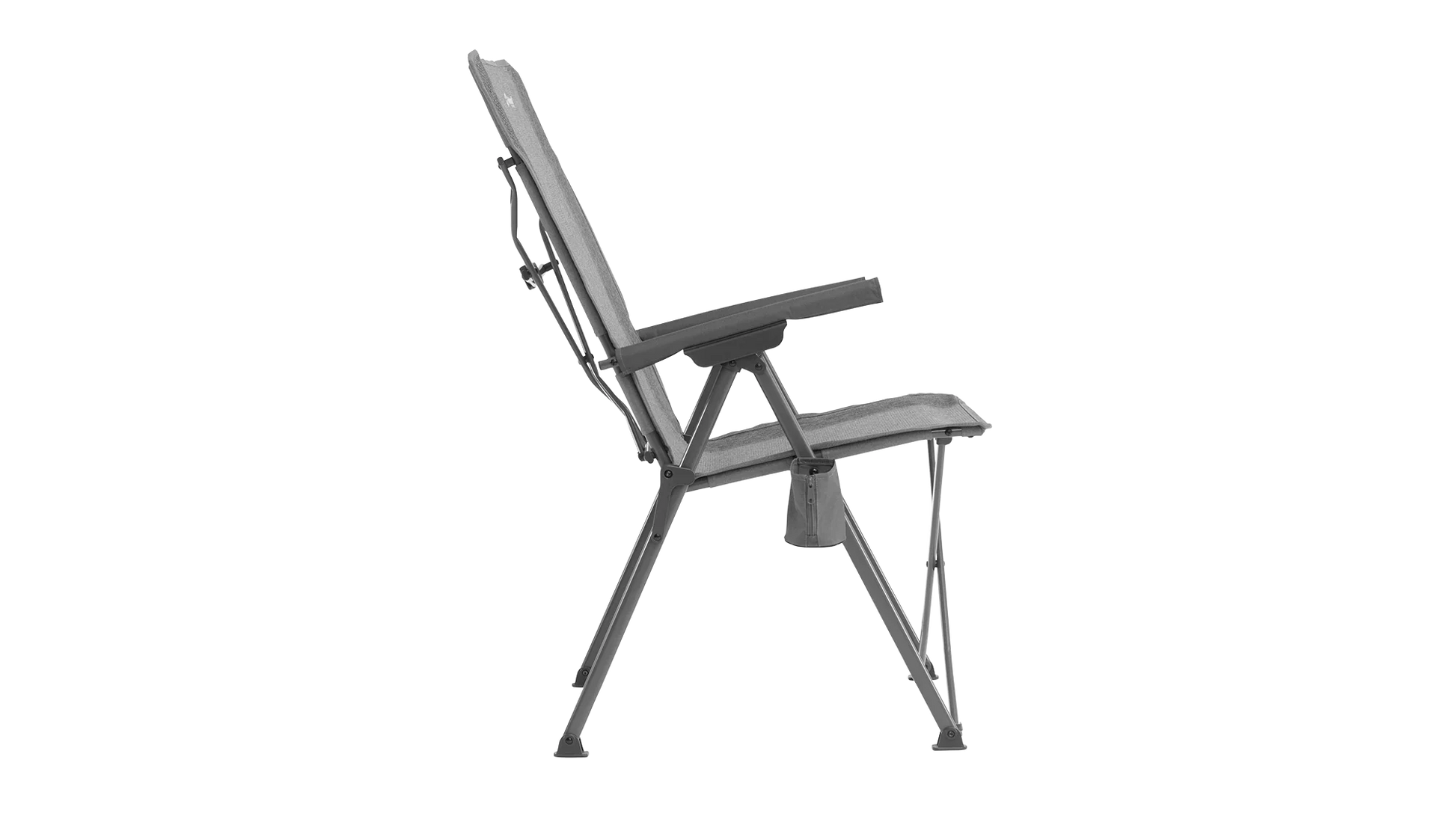 Grey folding camping chair with armrests and side pocket for outdoor adventures