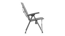 Grey folding camping chair with armrests and side pocket for outdoor adventures