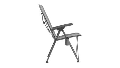 Grey folding camping chair with armrests and side pocket for outdoor adventures