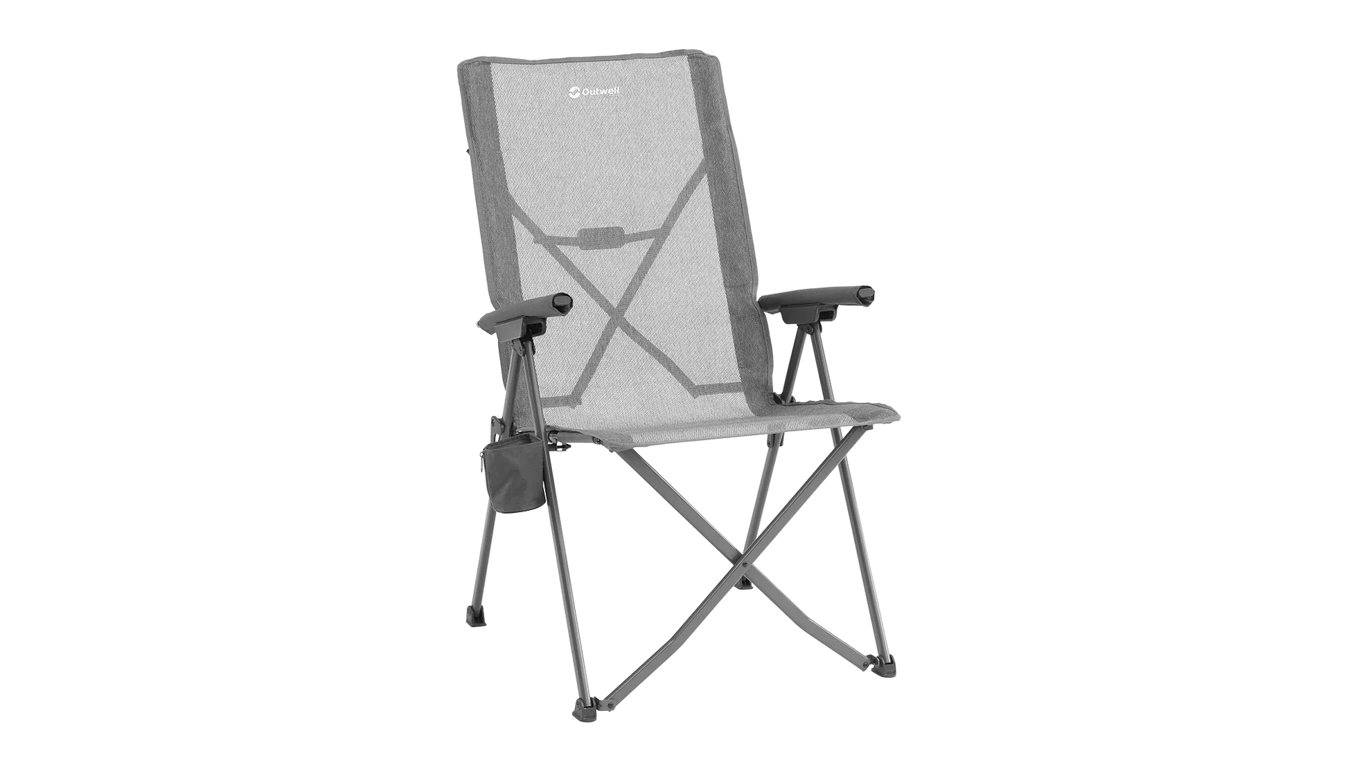 Grey Outwell camping chair with mesh back, armrests, and side pocket for outdoor adventures