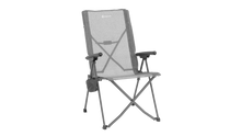 Grey Outwell camping chair with mesh back, armrests, and side pocket for outdoor adventures