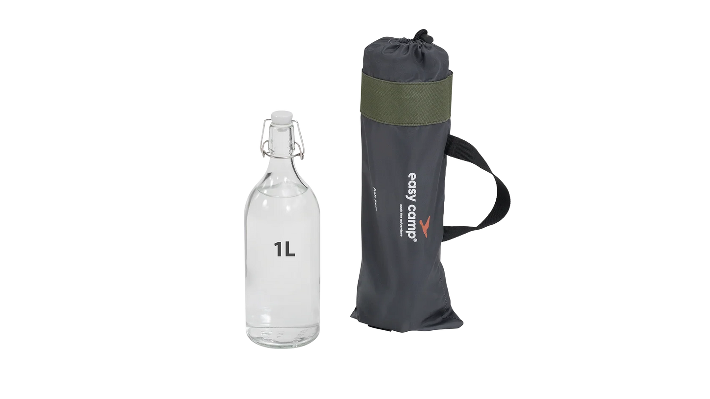 1L glass water bottle with swing top lid next to easy camp carry bag for camping and outdoor adventures