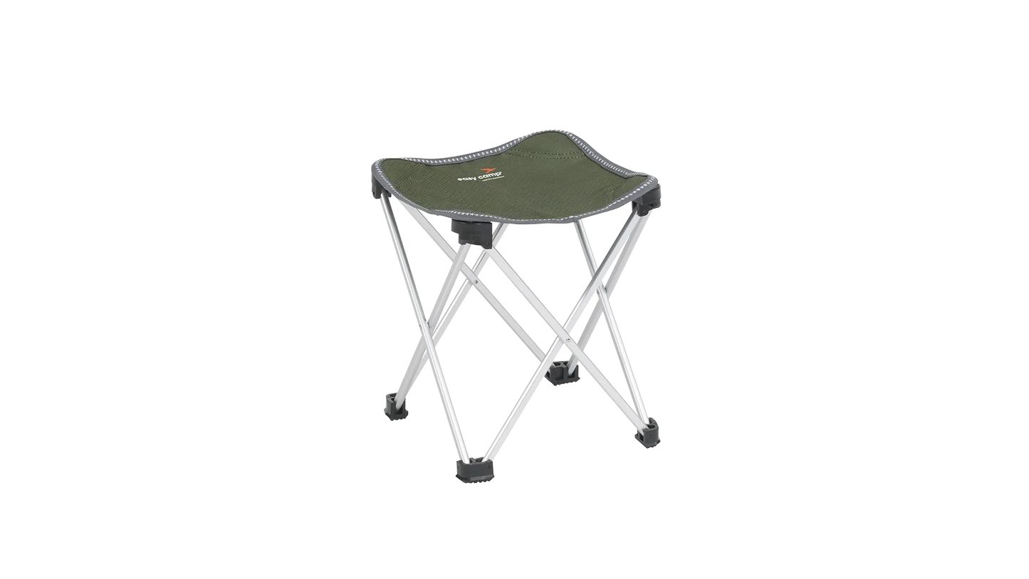 Compact folding camping stool with green fabric seat and aluminum legs for outdoor adventures