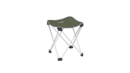 Compact folding camping stool with green fabric seat and aluminum legs for outdoor adventures