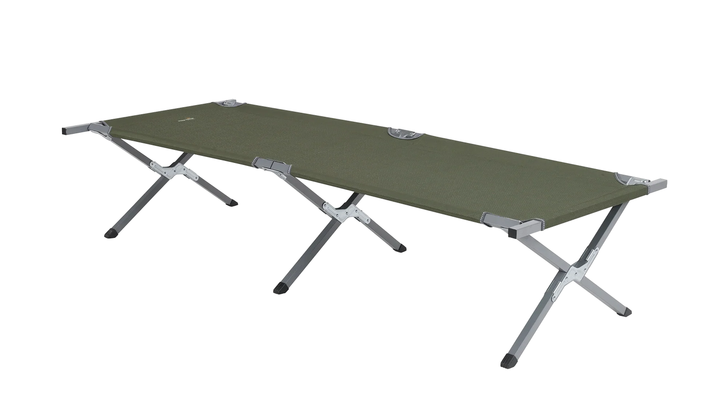 Olive green portable camping cot with sturdy metal frame for outdoor adventures