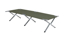 Olive green portable camping cot with sturdy metal frame for outdoor adventures