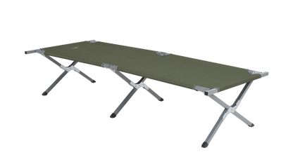 Olive green portable camping cot with sturdy metal frame for outdoor adventures