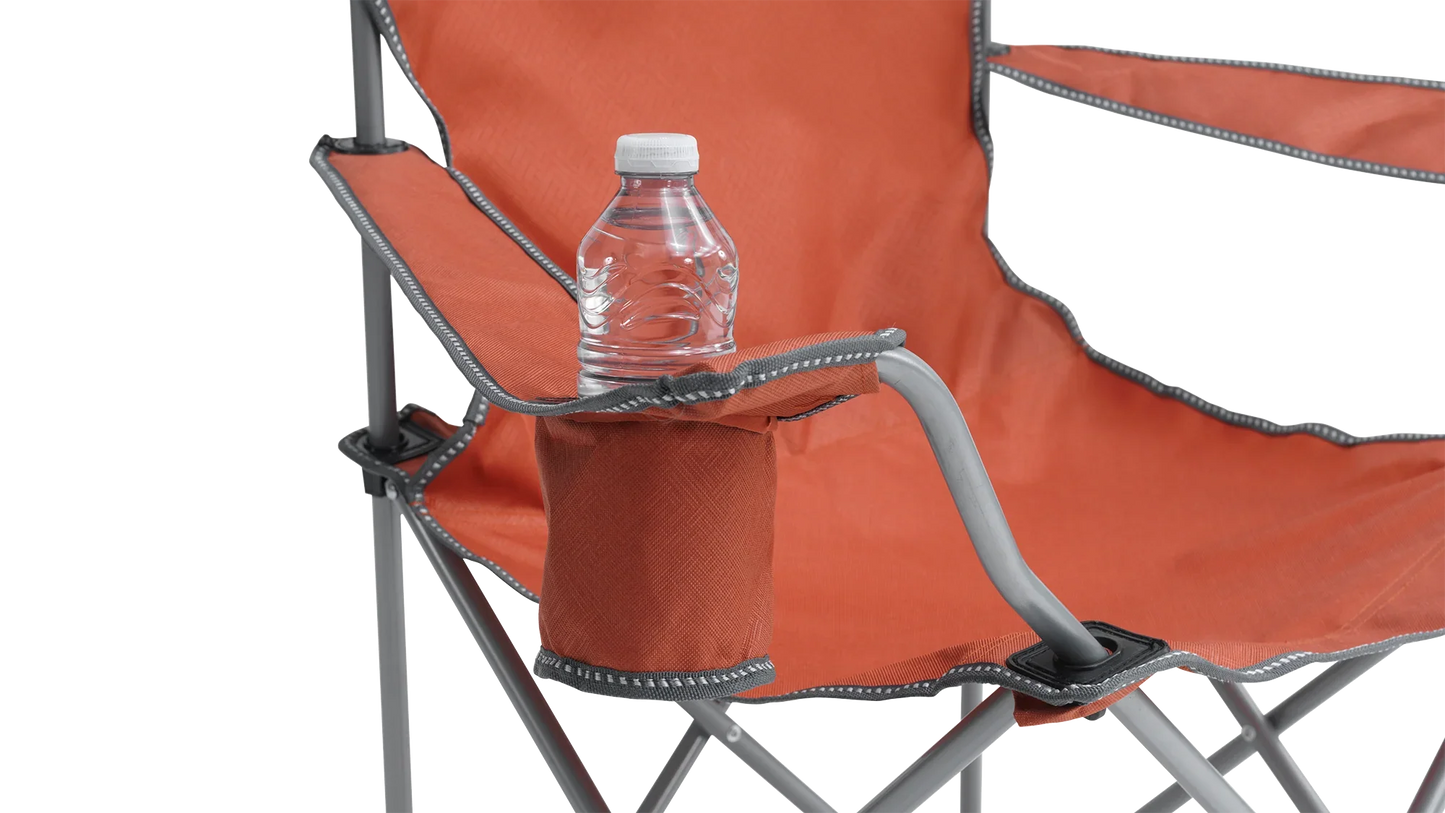 Orange camping chair with cup holder and water bottle, ideal for outdoor adventures.