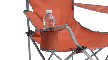 Orange camping chair with cup holder and water bottle, ideal for outdoor adventures.