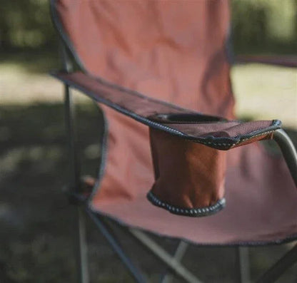 Portable camping chair with cup holder, ideal for outdoor adventures and picnics.