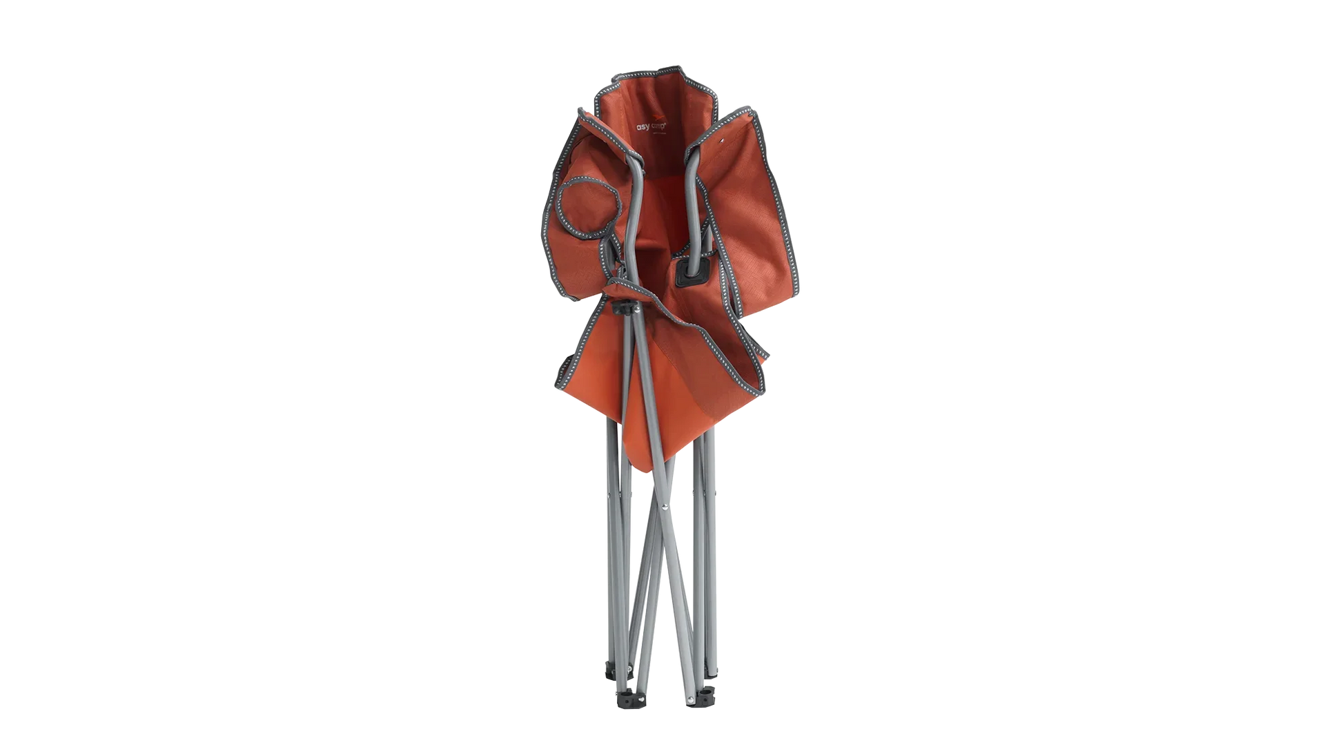 Orange folding camping chair with metal frame, ideal for outdoor adventures and portable comfort.