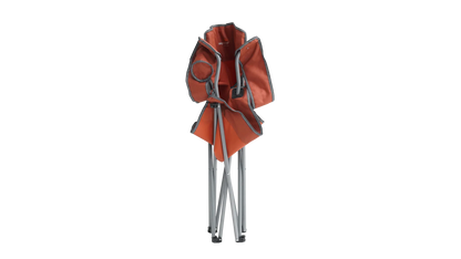 Orange folding camping chair with metal frame, ideal for outdoor adventures and portable comfort.