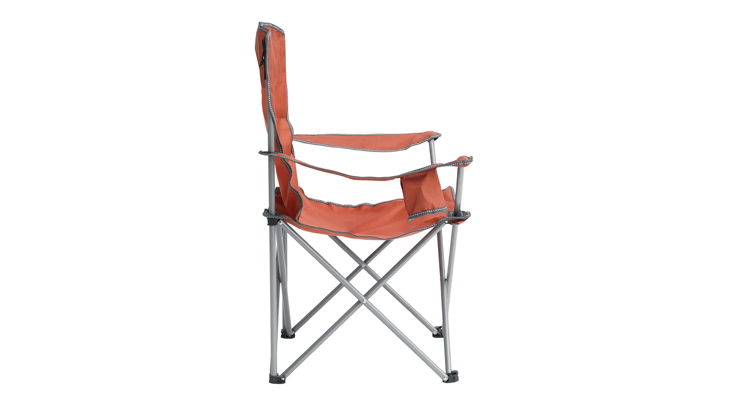 Orange folding camping chair with armrests and metal frame for outdoor adventures