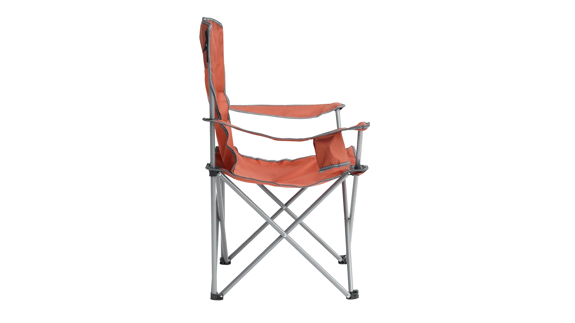 Orange folding camping chair with armrests and metal frame for outdoor adventures