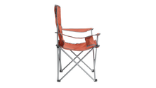 Orange folding camping chair with armrests and metal frame for outdoor adventures