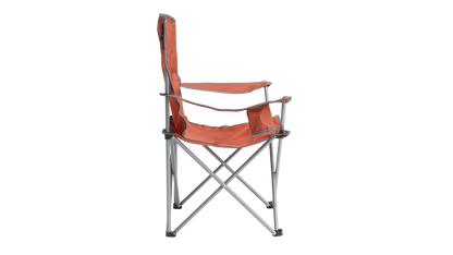 Orange folding camping chair with armrests and metal frame for outdoor adventures