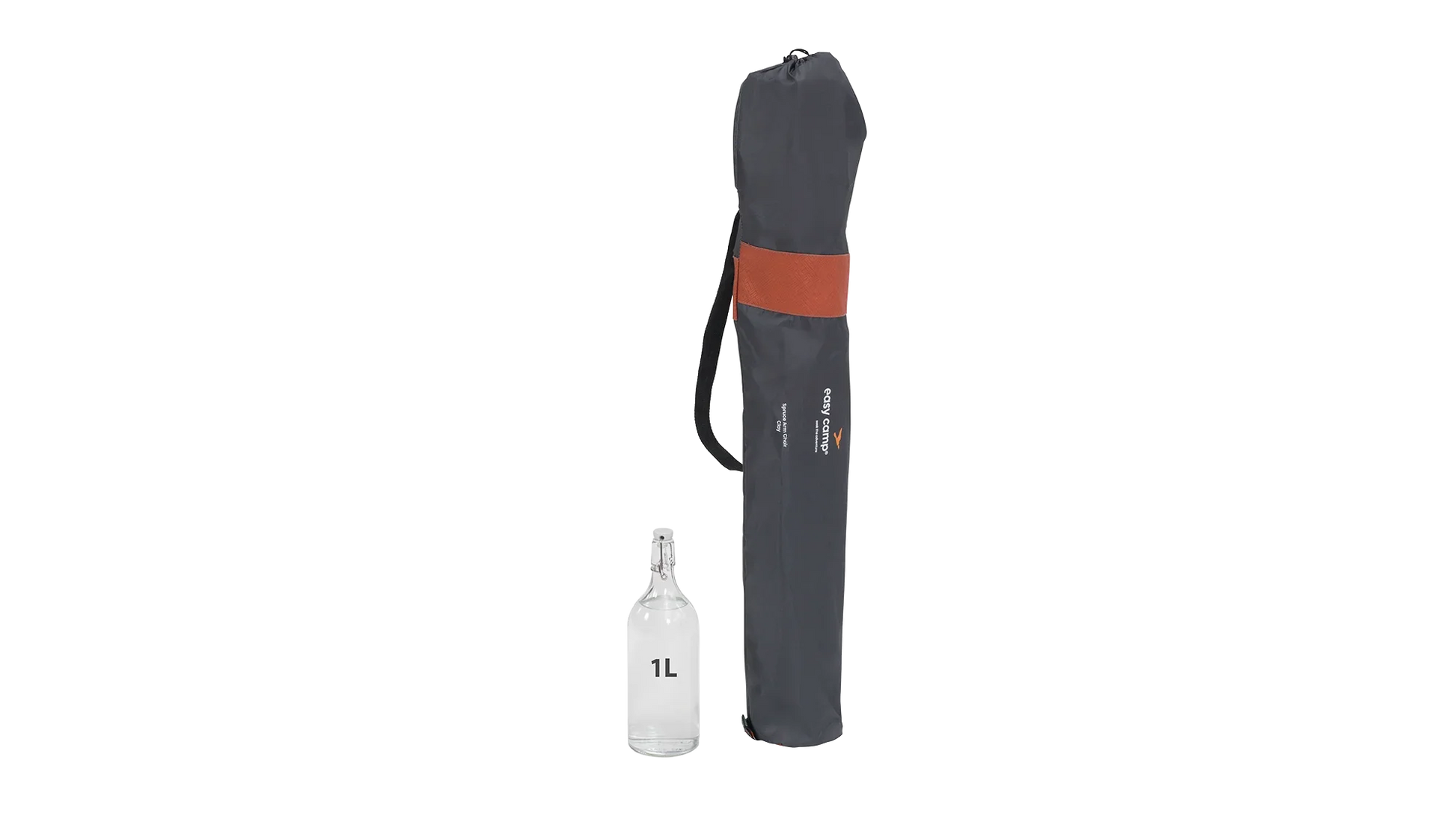 Compact camping gear bag with orange strap, shown beside 1L bottle for scale