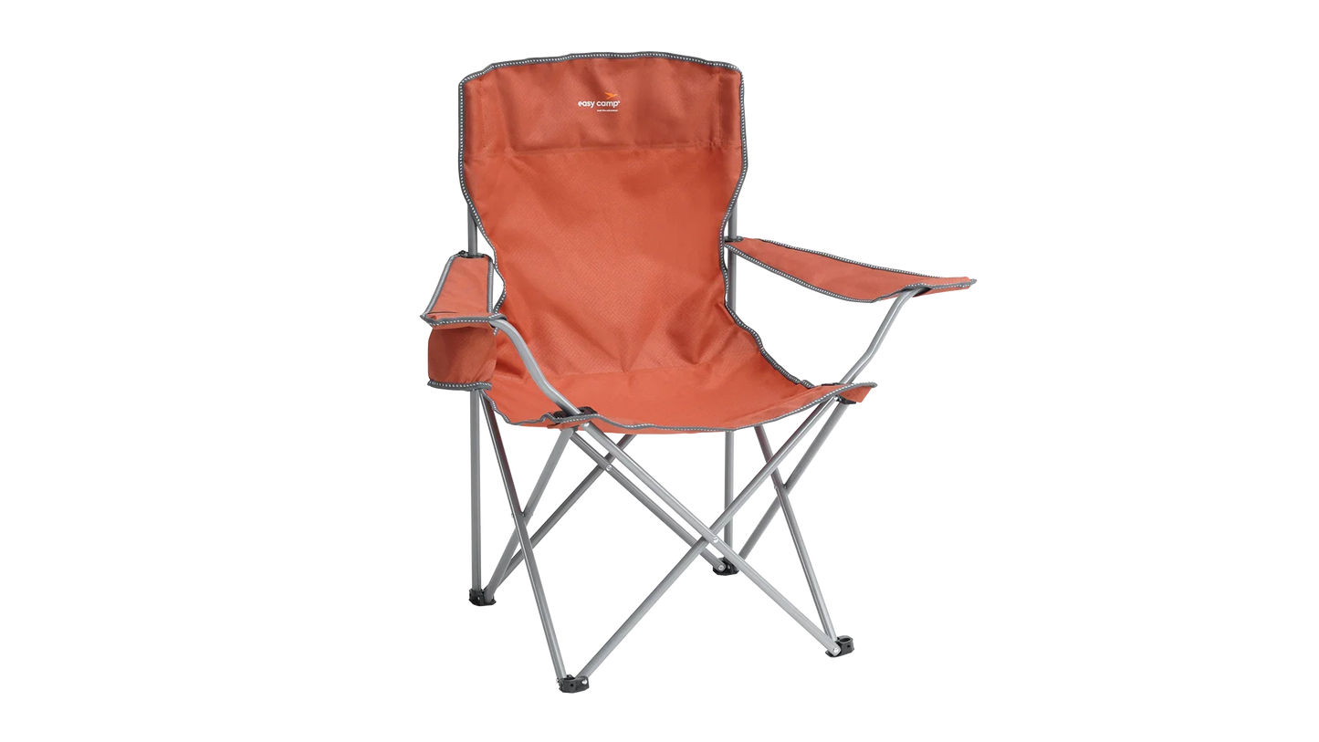 Orange camping chair with armrests and side pocket for outdoor adventures