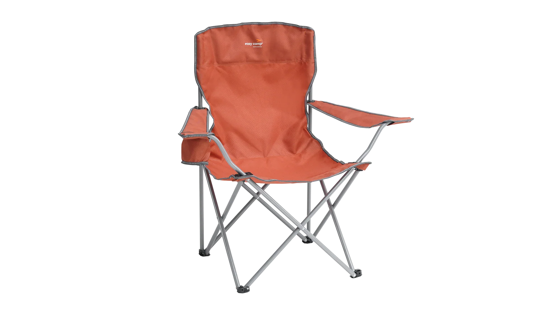 Orange camping chair with armrests and side pocket for outdoor adventures