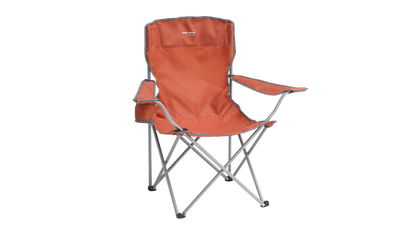 Orange camping chair with armrests and side pocket for outdoor adventures