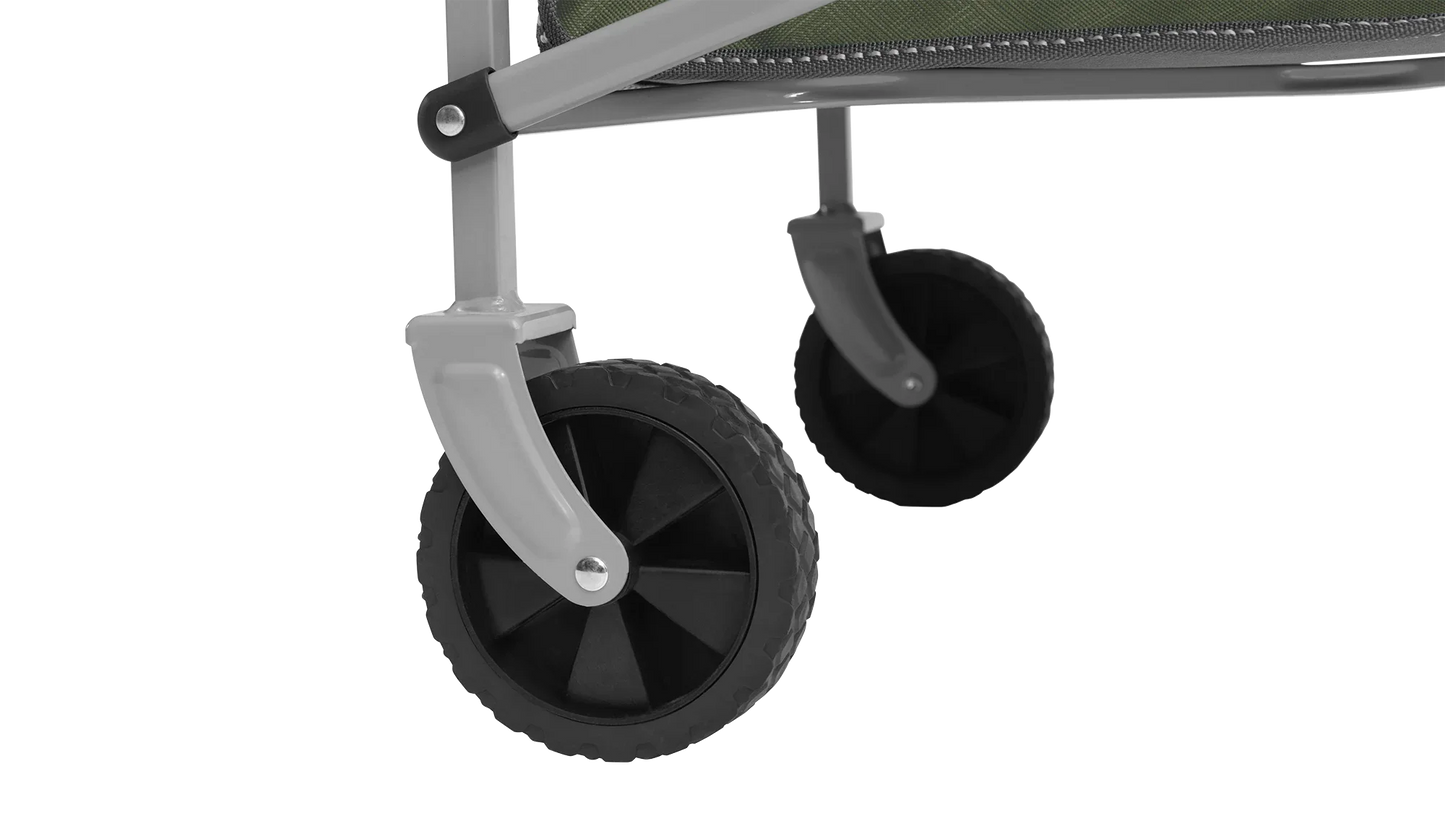 Durable black wheels on a camping trolley for outdoor adventures