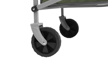 Durable black wheels on a camping trolley for outdoor adventures