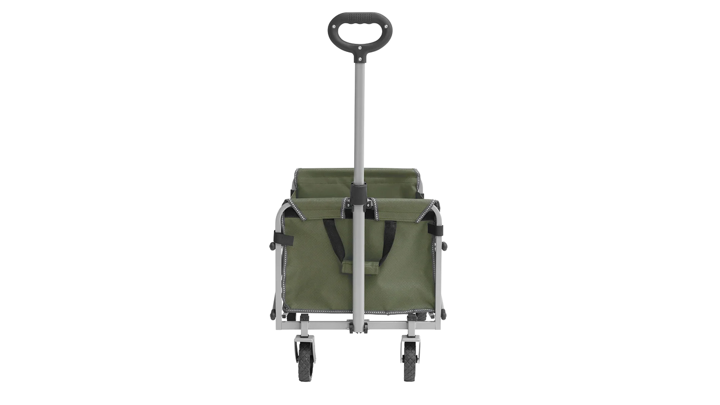 Green folding camping trolley with wheels and handle for outdoor gear transport