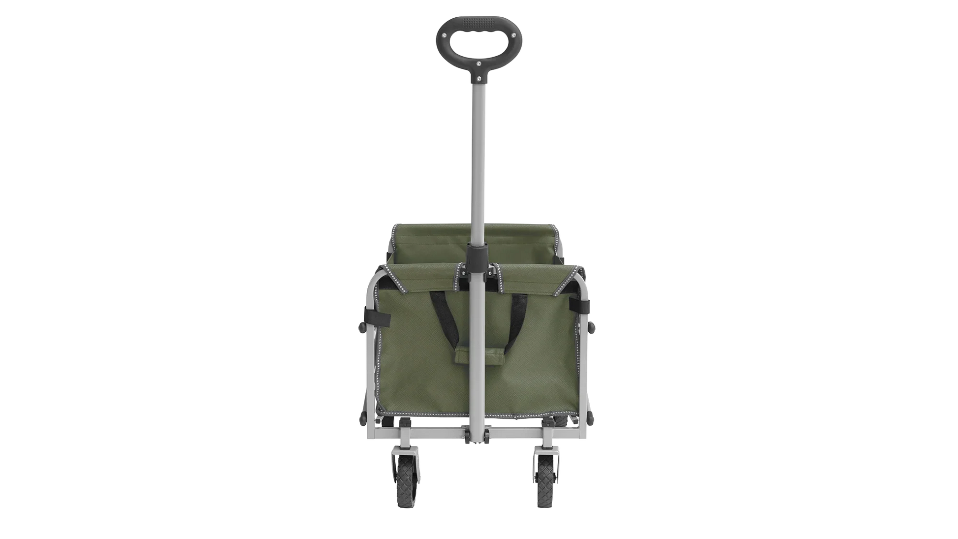 Green folding camping trolley with wheels and handle for outdoor gear transport