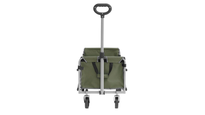 Green folding camping trolley with wheels and handle for outdoor gear transport
