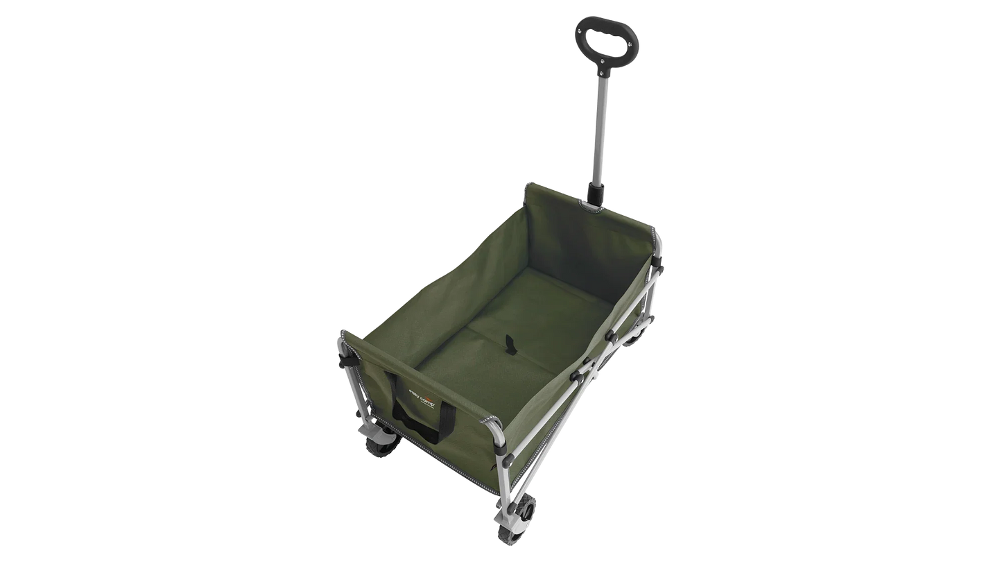 Green folding camping wagon with wheels and handle for outdoor adventures