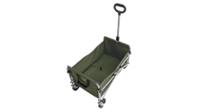 Green folding camping wagon with wheels and handle for outdoor adventures