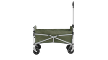Olive green folding camping wagon with 4 wheels and telescopic handle for outdoor gear transport