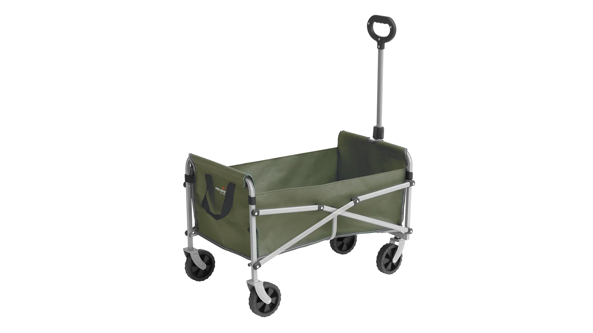 Green folding camping wagon with four wheels and handle for outdoor gear transport