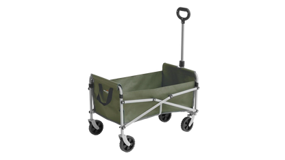 Green folding camping wagon with four wheels and handle for outdoor gear transport
