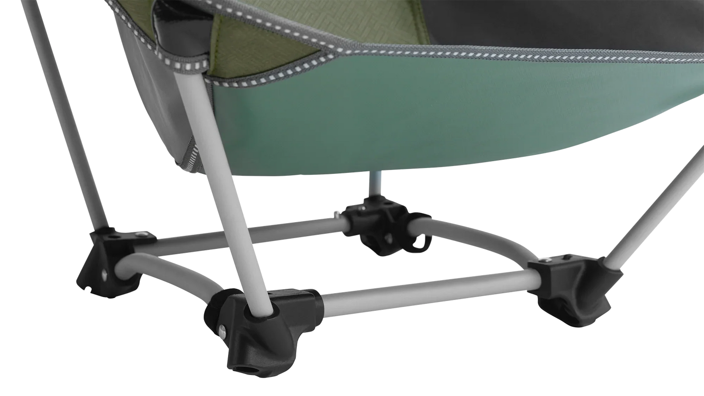 Green camping chair with sturdy metal frame and black connectors for outdoor adventures