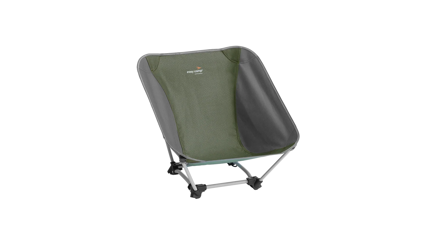 Green and gray portable camping chair with easy camp logo, ideal for outdoor adventures.