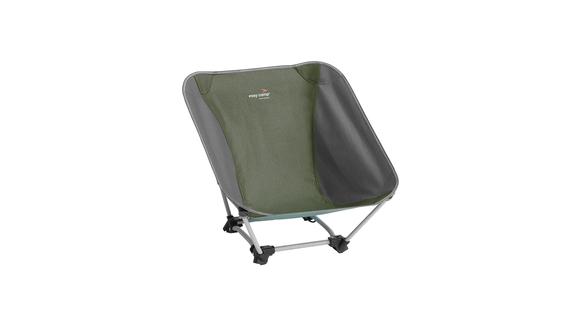 Green and gray portable camping chair with easy camp logo, ideal for outdoor adventures.