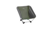 Green and gray portable camping chair with easy camp logo, ideal for outdoor adventures.