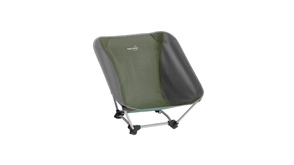 Green and gray portable camping chair with easy camp logo, ideal for outdoor adventures.
